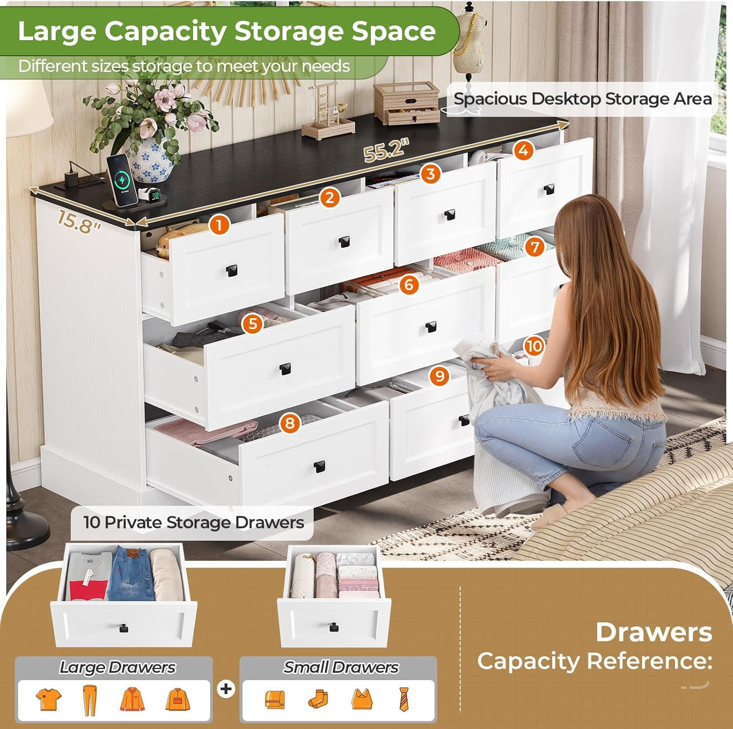 Farmhouse Dresser for Bedroom 55" Long 10 Drawers Dresser with Charging Station, Large Chest of Drawers for Bedroom Living Room Closet, White&Black