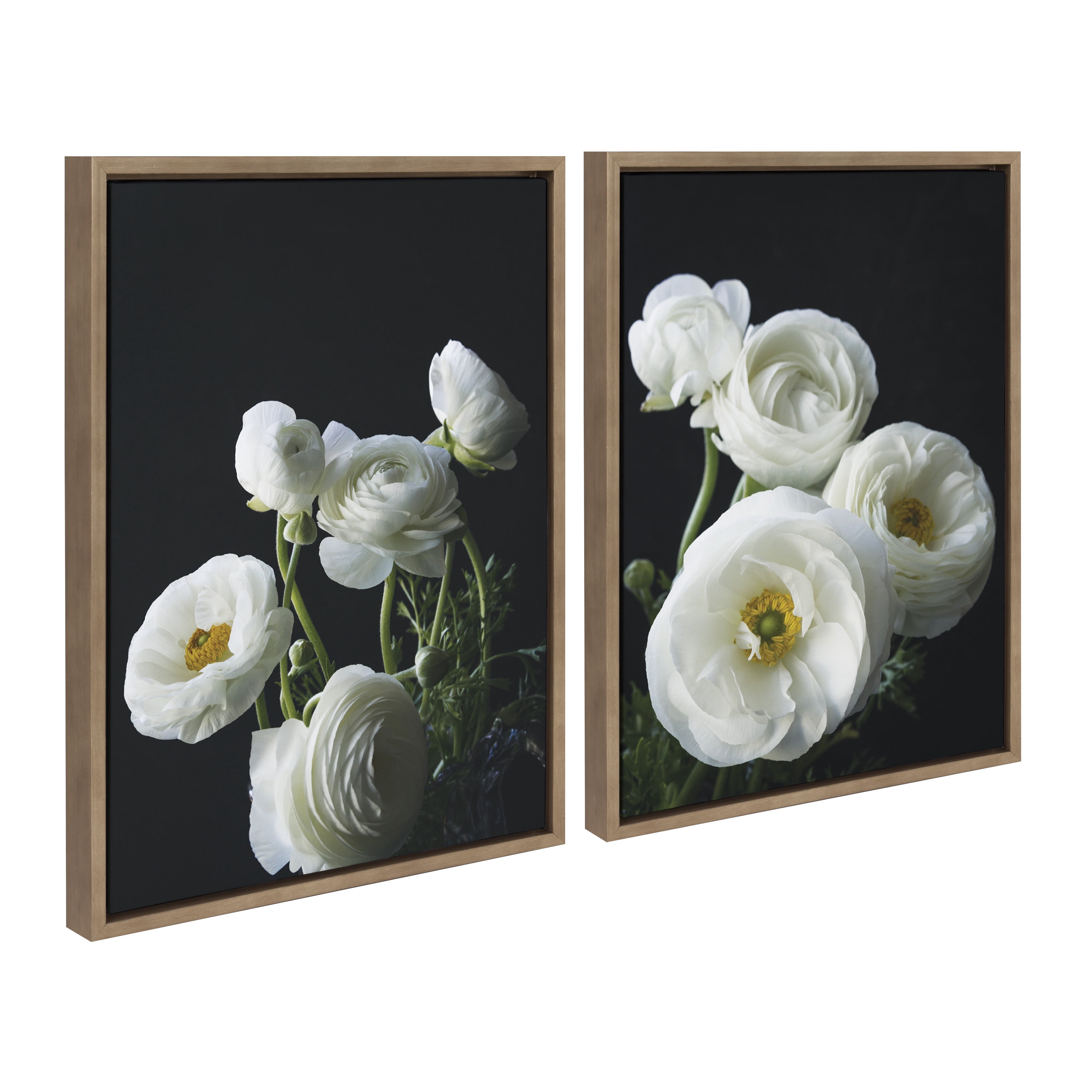 Kate and Laurel Sylvie White Ranunculus 4 and White Ranunculus 3 Framed Canvas Wall Art Set by Emiko and Mark Franzen of F2Images, 2 Piece 18x24 Gold, Decorative Floral Art for Wall