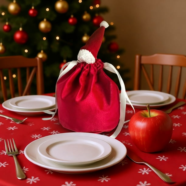 Bolsa De Tela Para Manzanas Bolsa navideña de terciopelo con cordón ajustable, 15 x 12 x 12 cm, ideal para regalos navideños (1 unidad) Rkxzt