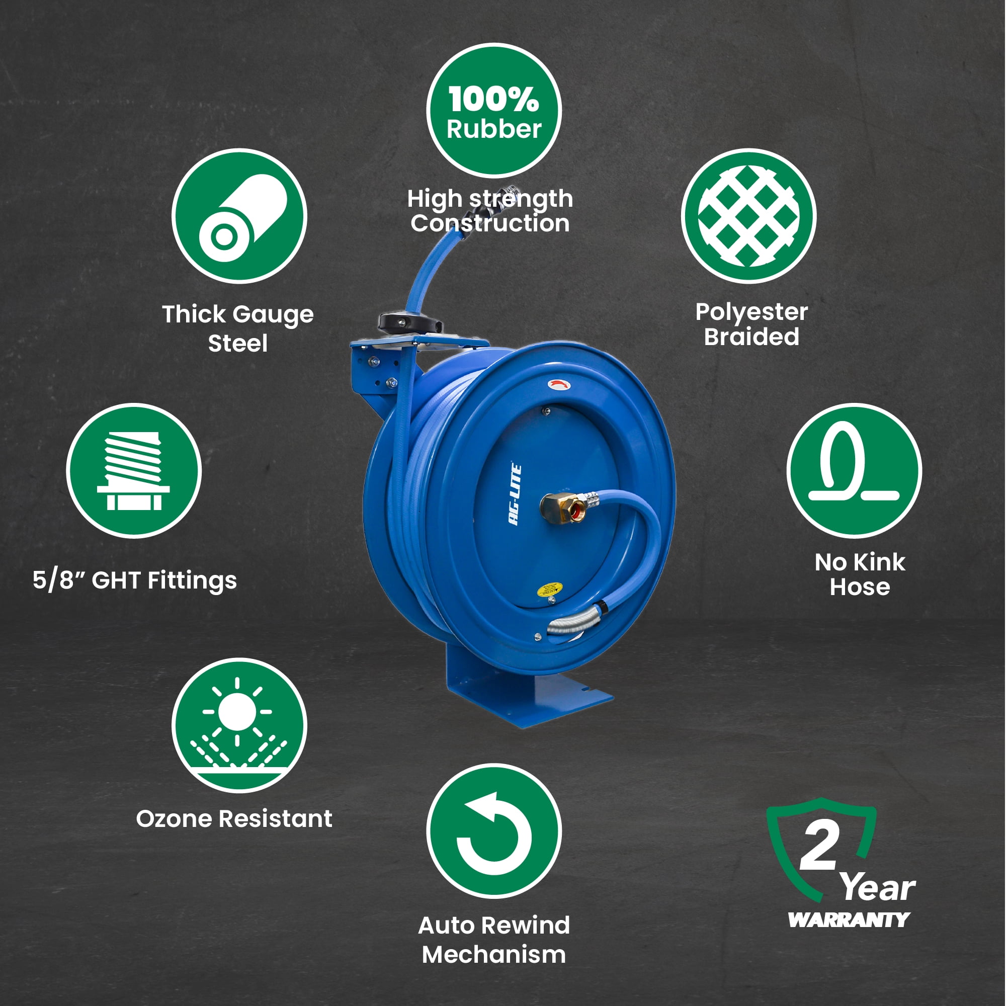 AG-Lite 5/8" x 50' Retractable Garden Hose Reel – Heavy-Duty Steel, Auto-Rewind, 500 PSI Rubber Hose, Multi Mount, Hot & Cold Water, Non-Kink - Cream