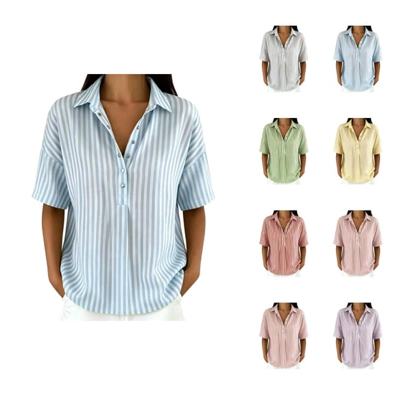Linen Shirts for Women Summer Short Sleeve Collared Casual Loose Work Blouse Striped T Shirt Beach Vacation Outfits