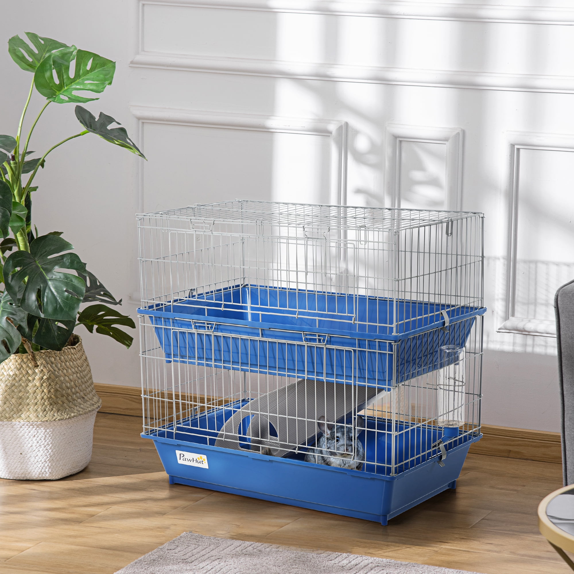 PawHut Metal Small Animal Cage 2 Tier Guinea Pig Cage with 2 Doors Platforms Wide Ramp Dish and Bottle Deep Base for Ferrets Chinchillas Bunnies Blue Walmart