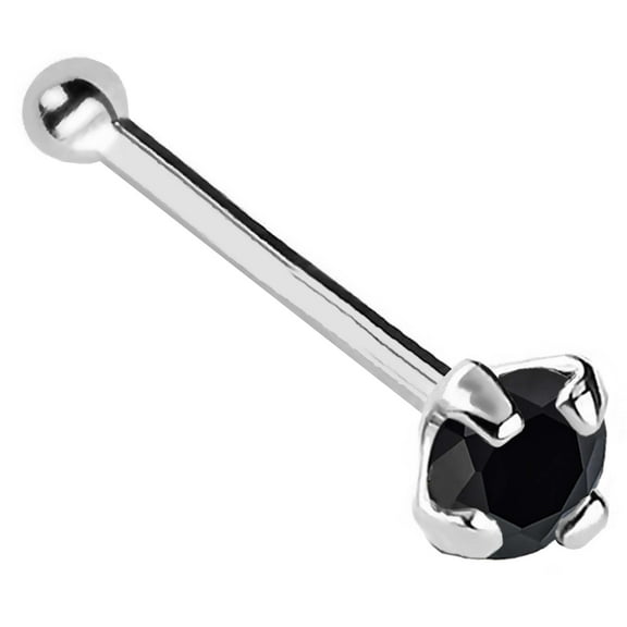22G Solid 14Kt Gold Nose Bone Stud with Prong Set real Black Diamond Gemstone, 14kt Yellow Gold or 14kt White Gold - April Birthstone Nose Ring-NBWG_BD-2MM