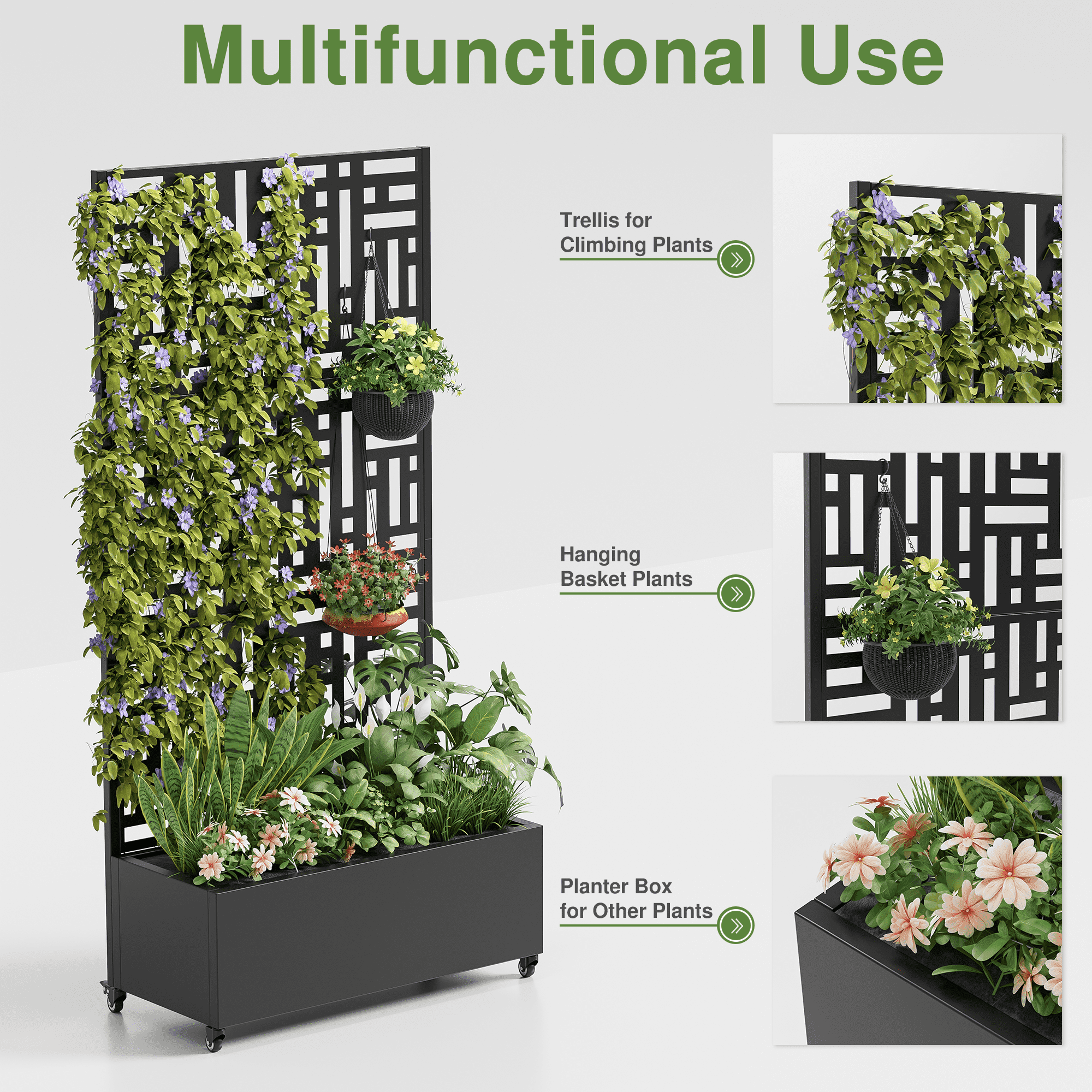 MAYEERTY 35*16*71" Black Metal Planter with Rect Climbing Trellis, Drainage hole & Wheels, Street Pattern