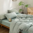 thumbnail image 3 of 3 Pieces Striped Pinstripe Duvet Cover Set Breathable Durable 100% Washed Cotton Green Comforter Cover for All Seasons Chic Linen Like Textured King Bedding Set, 3 of 5