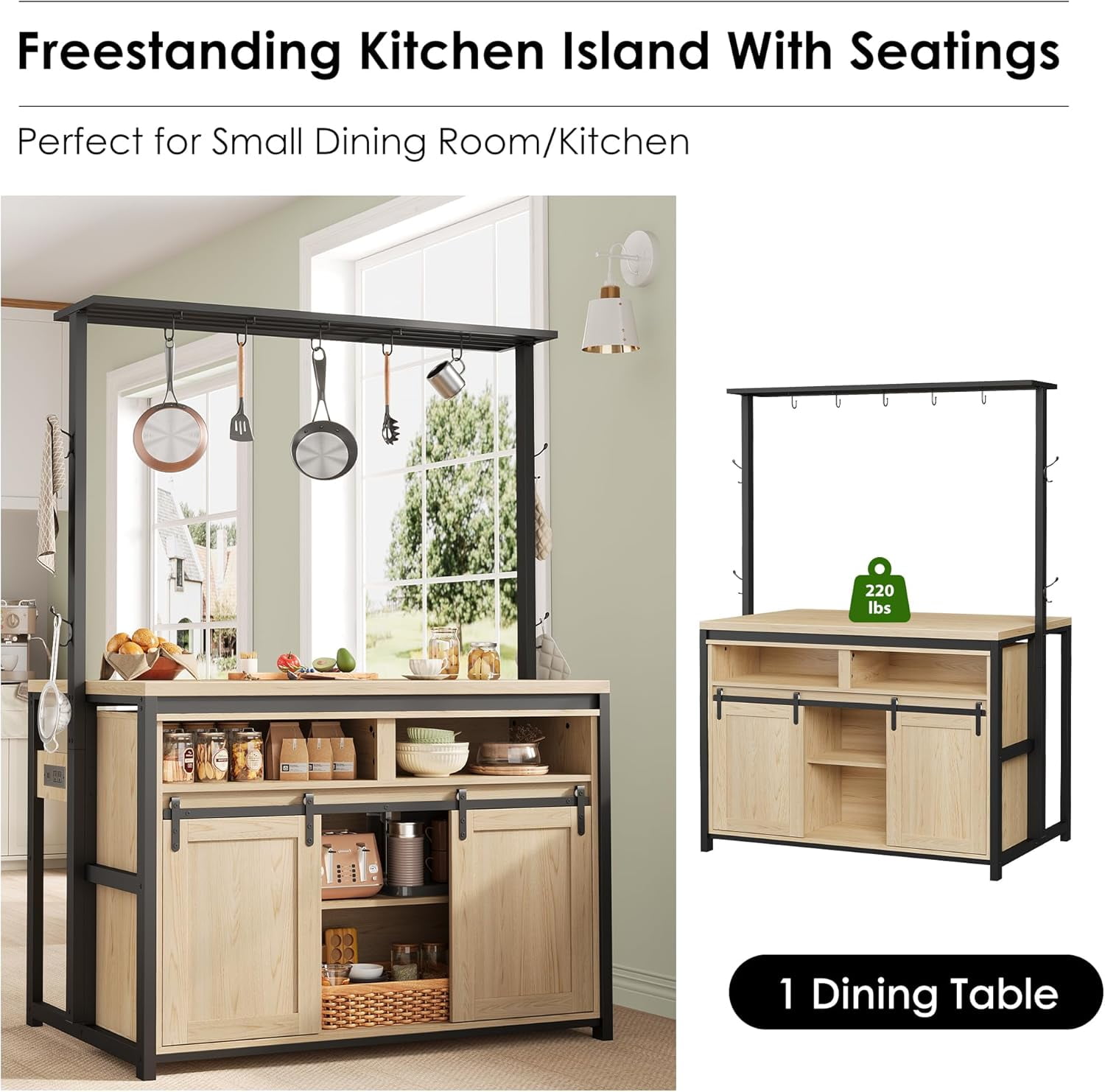Luku 42" Kitchen Island Storage with Sliding Barn Door, Table Island Kitchen Cabinet with 2 Side Hooks, 3-Tier Shelves, Multi-Functional Dining Storage for Living Room