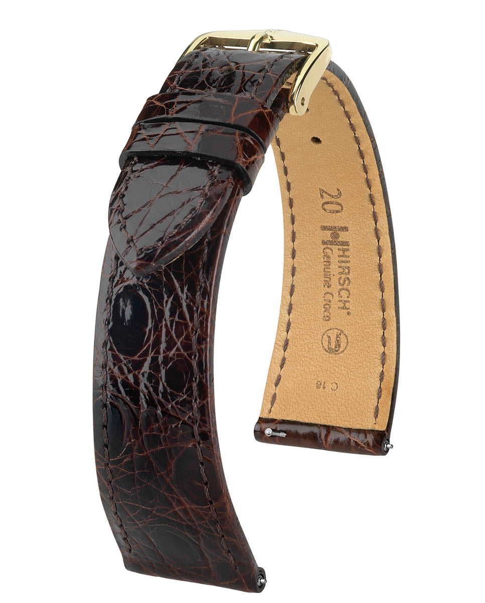 Hirsch Genuine Croco Leather Watch Strap - Polished Brown - M - 17mm / 14mm  - Shiny Gold Buckle - Caiman Crocodile Leather Band