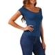 thumbnail image 3 of INSPIRAR CHIC Blusa de Mujer de Manga Corta Off the Shoulder de Longitud de Cadera Sólida XL Azul Marino, 3 of 5