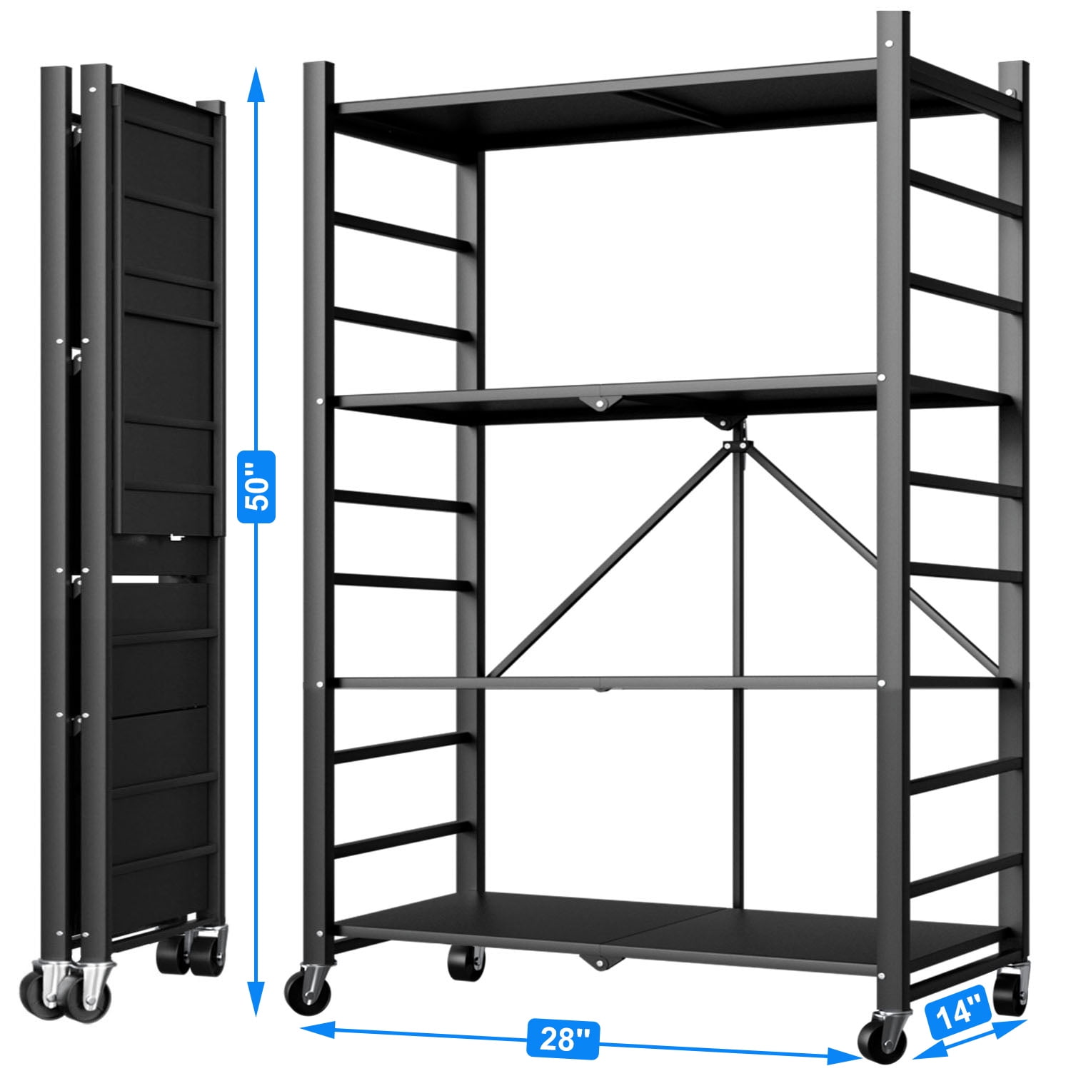 4-Tier Storage Shelving Unit, 397lbs Capacity Heavy Duty Metal Shelf , Foldable Storage Shelf with Wheels, Garage Shelf, Metal Storage Rack, Kitchen Shelf , No Assemble Require