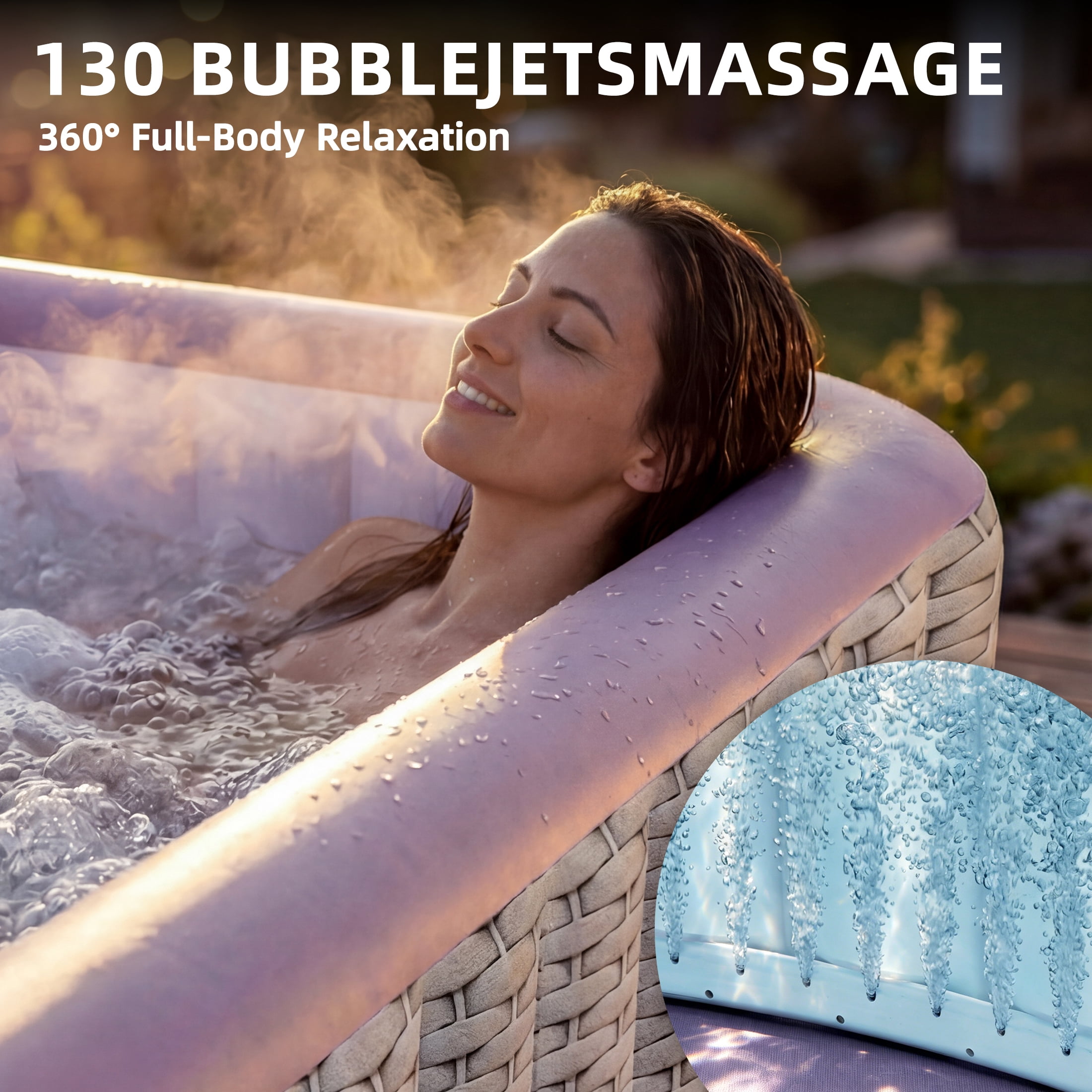 Seizeen 4-6 Persons Inflatable Hot Tub, 73in Square Hot Tub with Built-in Pump, Woven Pattern Home Spa with 130pcs Jets, Lockable Cover, 2 Cup Holders, 4 Filters Rapid Heating up to 104°F