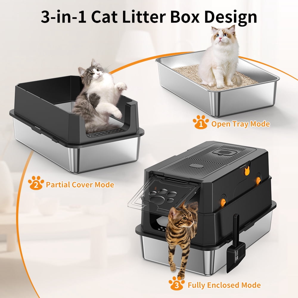 ZephyPaws  Stainless Steel Cat Litter Box with Lid,Large Covered Enclosed Kitty Litter Box with Hood,Flip Top,High Side,Litter Mat,Scoop for Big Cats, Kitten,No Odor,No Mess,Easy Clean,Grey