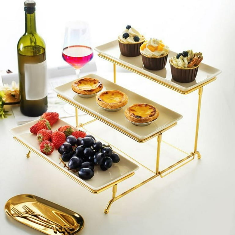 3 Tier Rectangular Serving Platter Stand Set with 3 Porcelain Serving Platters