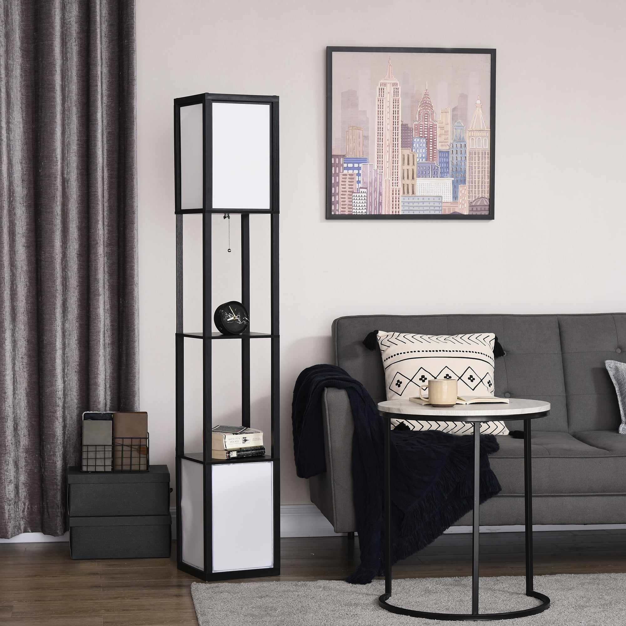 Living Room Light HOMCOM Modern Floor Lamp with Shelves & Dual Ambient Lighting, Tall Standing Lamp for Living Room, Bedroom with Fabric Lampshade (Bulb not Included), Black,Living Room Ceiling Ligh