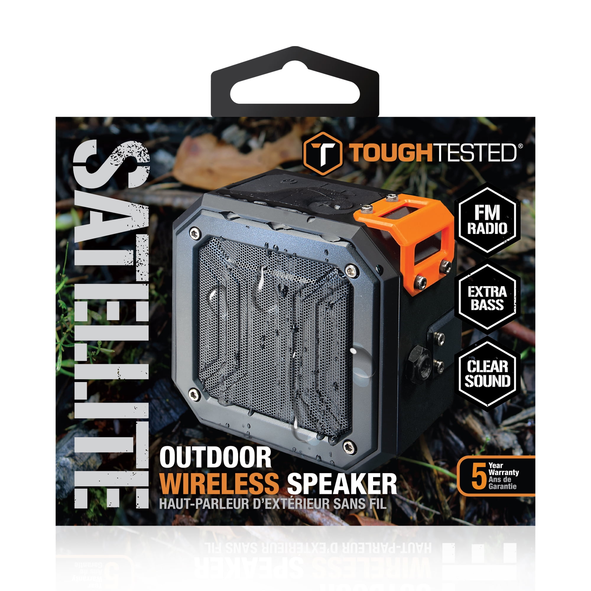 ToughTested Satellite Outdoor Bluetooth Speaker with FM Radio, IP65 Water-Resistant Rugged Design, Up to 12-Hour Playtime, TWS Pairing, Compact Wireless Speaker with Micro USB & AUX Cables