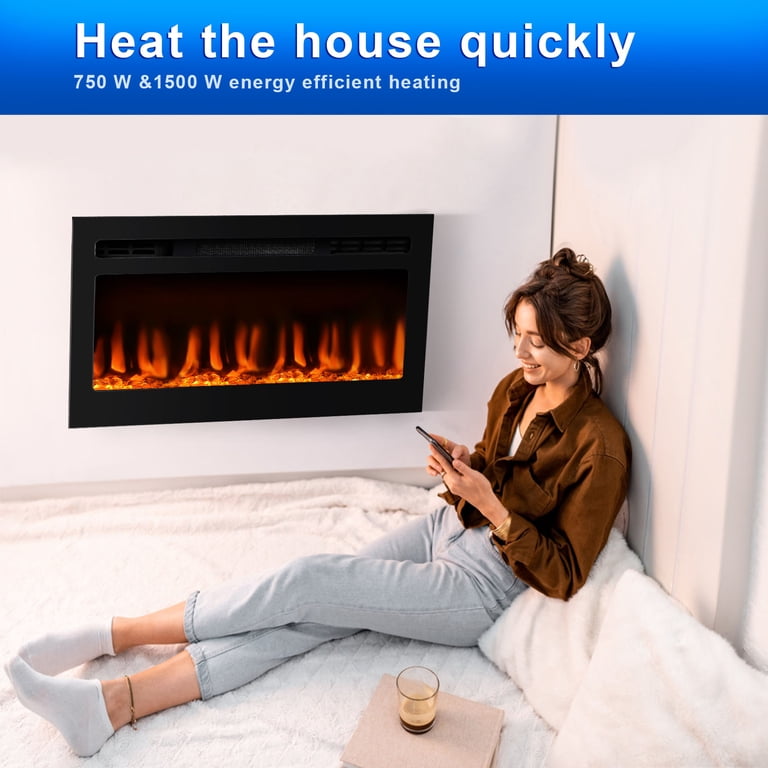 36 Electric Fireplace, Insert and Wall Mounted Fireplace, Fireplace Heater  with Timer, Adjustable 12 Flame/ Flame Bed Colors, Remote Control,  750/1500W, Black - Walmart.com