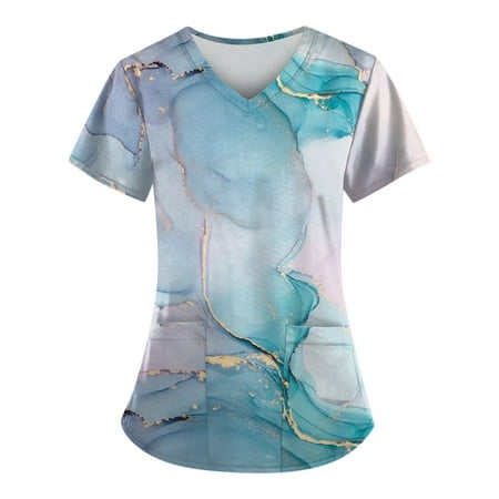 

Mlqidk Scrub Tops for Women Marble Printed Short Sleeve Nurse Working Uniform Summer V Neck Holiday Tunic Blouse with Pocket Light Blue M