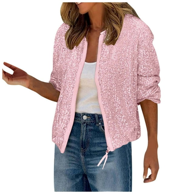 Wdgfv Womens Sequin Jacket Sparkly Long Sleeve Open Front Zipper Disco Bomber Coat