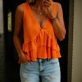 thumbnail image 3 of Women Sleeveless Ruffle Tank Tops Cotton Linen Pleated Peplum Vest Top Flowy Cropped Shirt Cute Summer Clothes,Saffron 3XL, 3 of 6