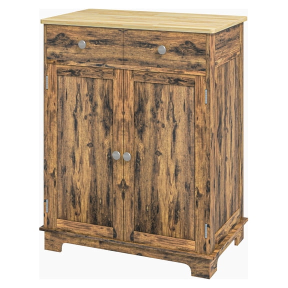 Kitchen Storage Cabinet Sideboard, Wood Top, Adjustable Shelf, 2 Drawers, Rustic Brown