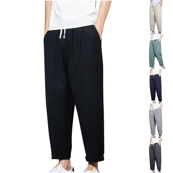Elainilye Fashion Mens Linen Pants Casual Pants Versatile Cotton Linen Loose Pants Straight Leg Pants Trousers,Black