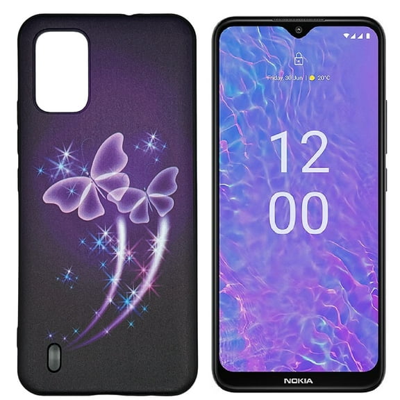 For Nokia C210 TPU Flexible Skin Cover Cellphone Case   Tempered Glass - Purple Butterfly