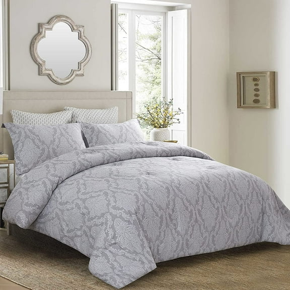 Wajade 3 Piece Comforter Sets Super Soft Vintage Comforer Breathable Lightweight Paisley Bedding Set for All Seasons(Gray, King Size)