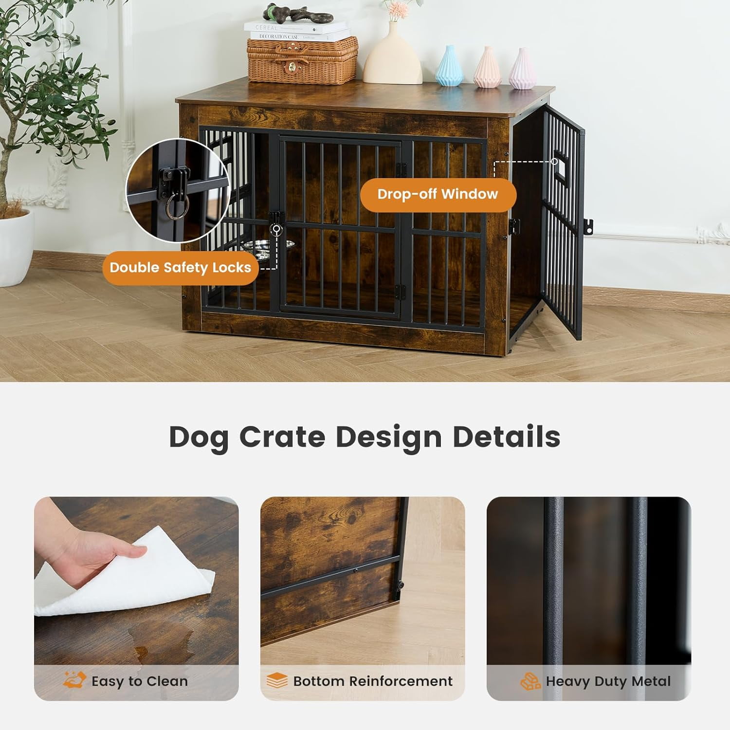 Nomipaw Wooden Dog Crate Furniture,Double-Doors Kennel Indoor for Small or Medium Dogs,Dog Cage Table with Steel Lock & Waterproof Top,Brown With Dog Bowls