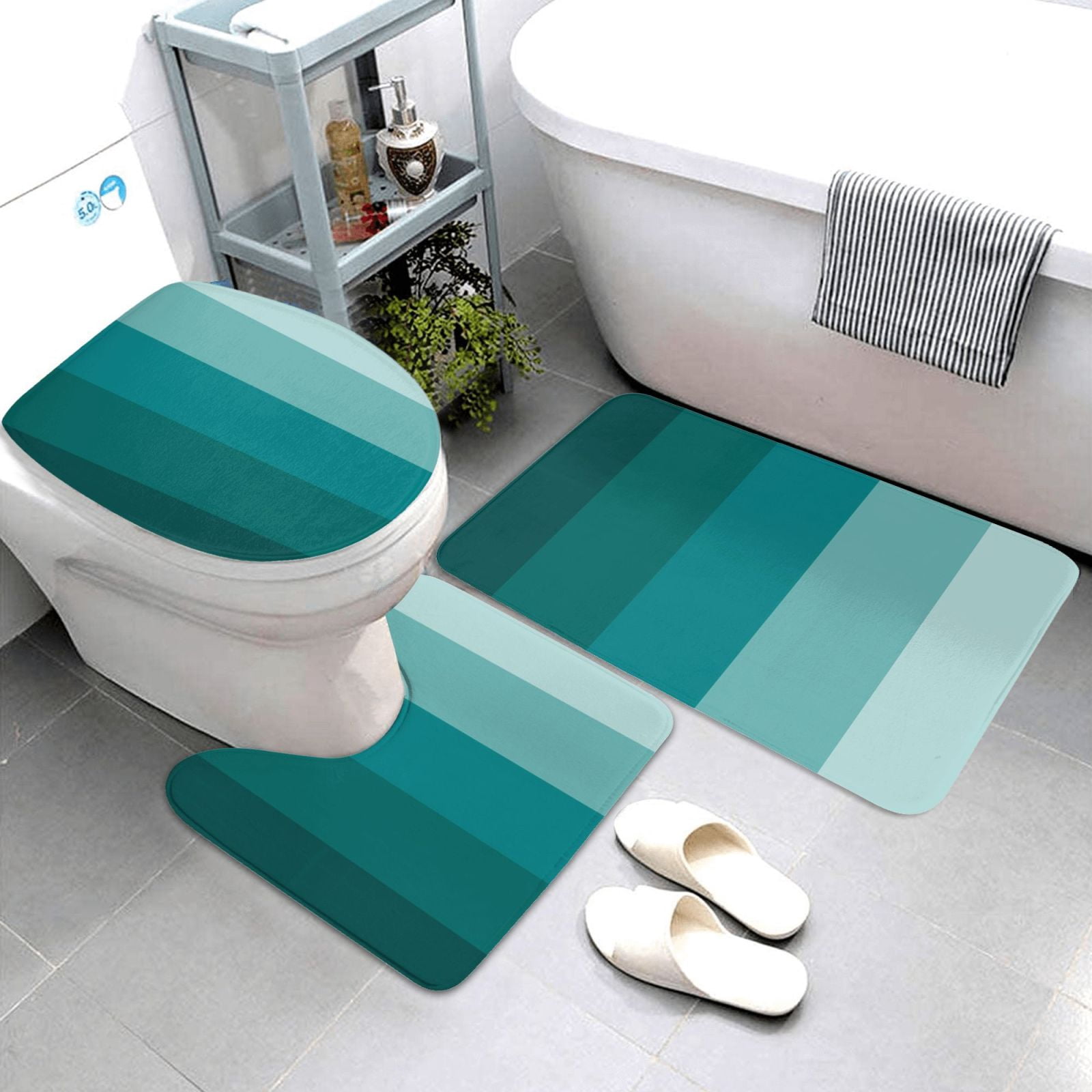 Bathroom Rugs Sets 3 Piece - Teal Color Absorbent Non Slip Bath Mats, U-Shape Toilet Lid Cover, Contour Mat, Soft Washable Shower Mats Bath Rug Mat for Bathroom Tub Toilet