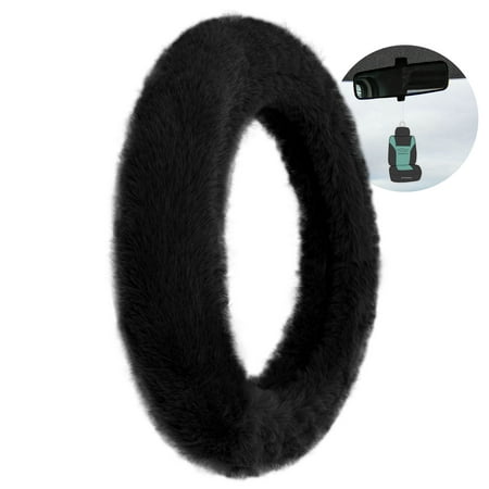 FH Group Doe16 AFFH2016BLACK Black Faux Rabbit Fur Car Steering Wheel Cover with Bonus Air Freshener