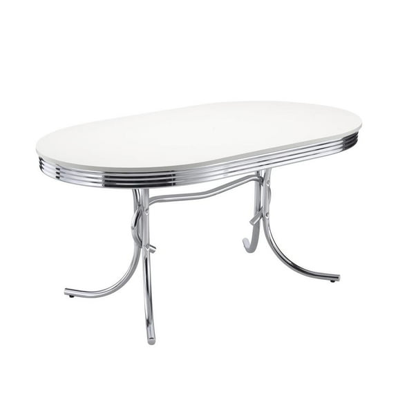 FurniFact Sleek Silver Oval Dining Table with Glossy White Top and Chrome Accents