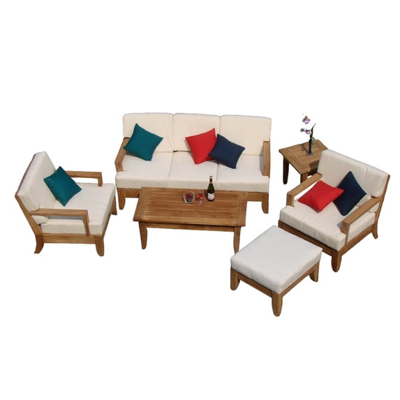 Atnas 6 Pc Sofa Set: Sofa, 2 Lounge Chairs, Ottoman, Coffee Table & Side Table With Cushions in Sunbrela Fabric #57003 Canvas White