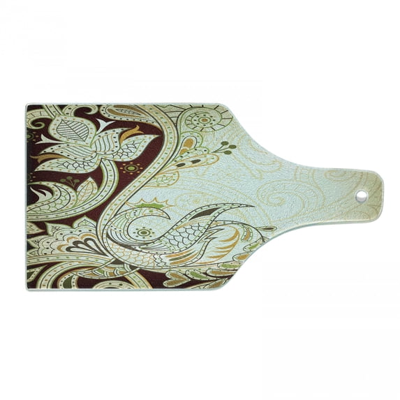 Ethnic Cutting Board, Oriental Floral Leaf Pattern with Middle Eastern Design, Decorative Tempered Glass Cutting and Serving Board, Wine Bottle Shape, Grey Yellow Chocolate, by Ambesonne