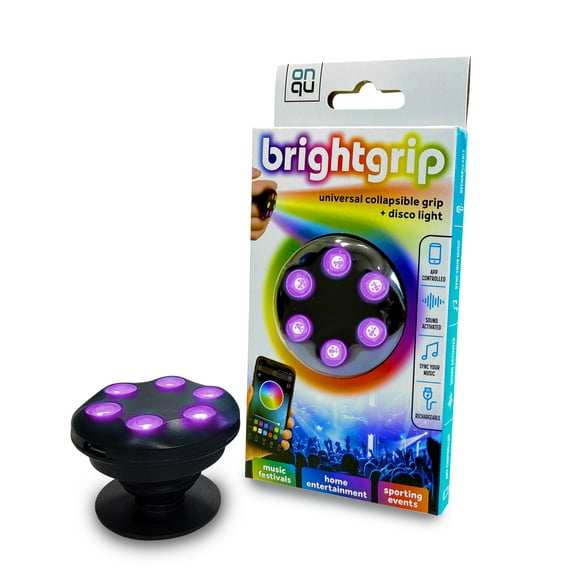 Bright Grip Collapsible Phone Grip, Phone Stand & Disco Light – Customized Color Control, Sync to Your Music, Universal Fit