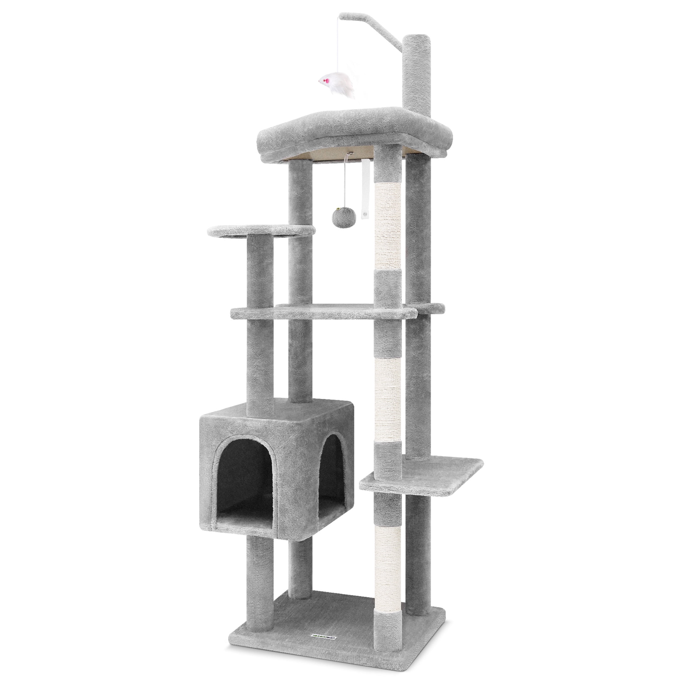 T65F 64" Tall Cat Tree Tower for Large Cats, Spacious Condo, Scratching Posts & Teaser Mouse