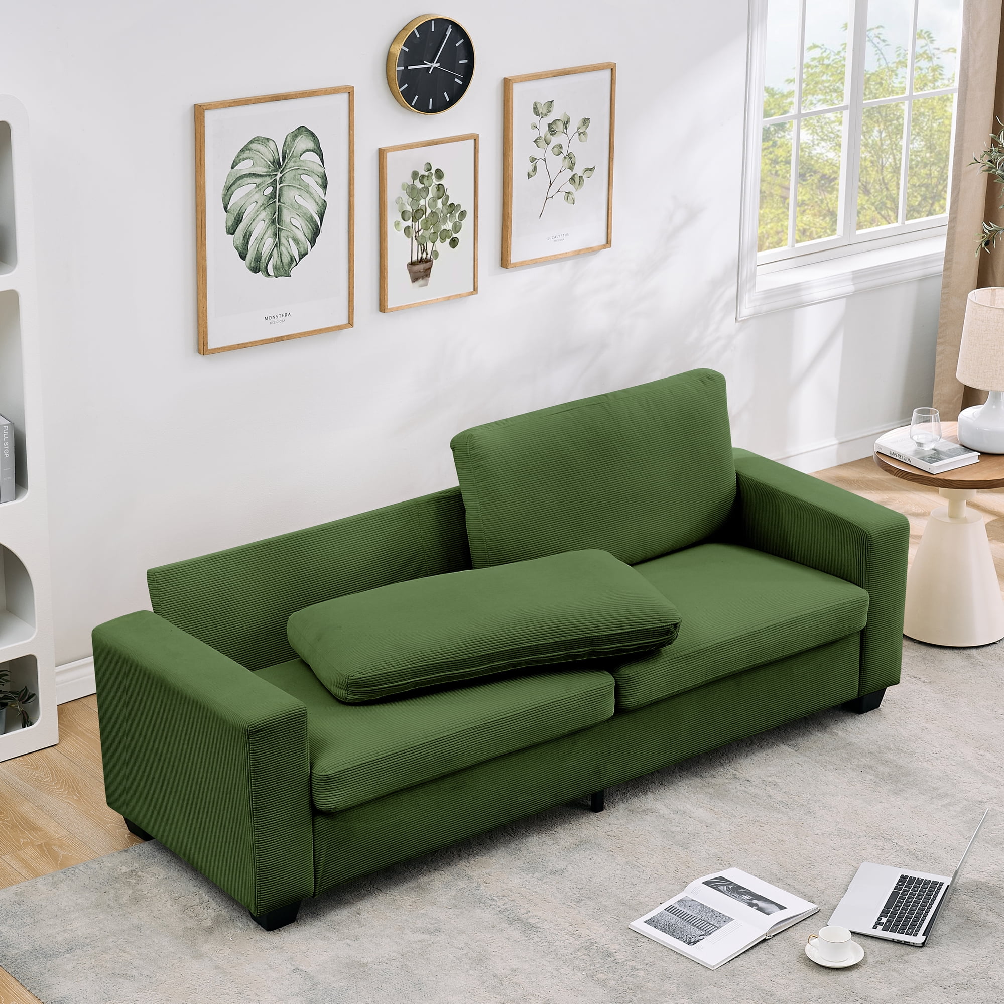 Kicctian 83" Wide 3-Seater Corduroy Couch with Deep Seat, Modern Sofa with Washable Covers and Wide Armrests, Comfortable Loveseat for Living Room, Bedroom, Office or Small Spaces,Green