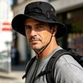 thumbnail image 2 of Bpyeka Men's Vintage Tactical Wide Brim Boonie Hat, Foldable Adjustable Chin Strap Outdoor Hiking Fishing Sun Bucket Hat Free Size, 2 of 5