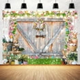 thumbnail image 5 of Spring Garden Easter Backdrop,Rustic Wooden Door Background,Easter Bunny Colored Eggs Backdrop,Granary Wood Wall Flowers Grass Children Easter Party Decoration Backdrop 5X3FT, 5 of 5