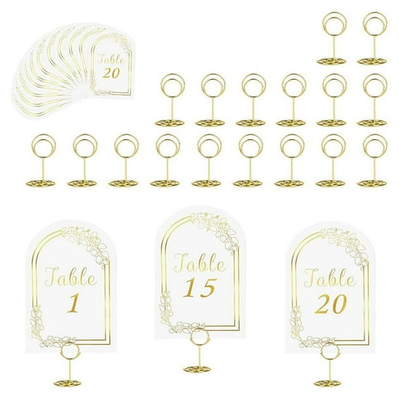 Wedding Table Number 1-20 with 20Pcs Table Number Holders,White Gold Table Number Cards with Place C Gold Metal Paper