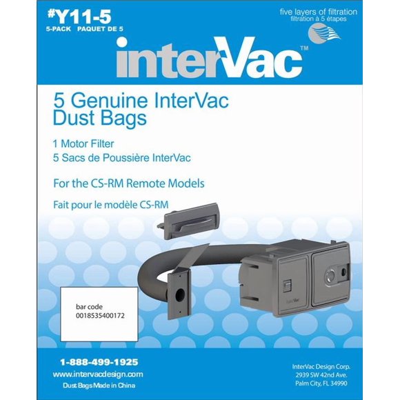 InterVac Design Vacuum Cleaner Bag Y11-5 Disposable; Fits InterVac Model CSRM Vacuum Cleaner; Filters Down To 3 Microns; Set Of 5; With 1 Motor Filter
