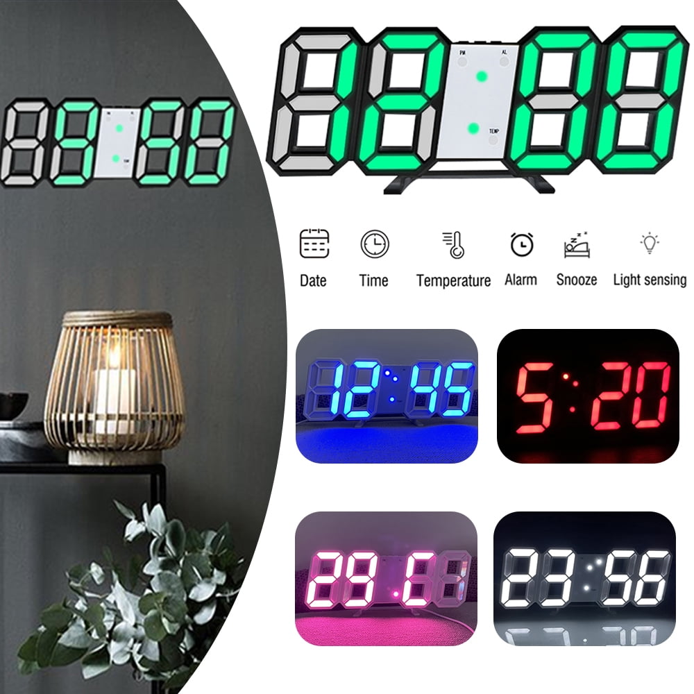 Modern Digital 3D White LED Wall Clock Alarm Clock Snooze 12/24 Hour Display USB 