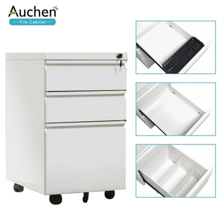 Metal Cabinet Wheels White File Cabinet,AUCHEN 3 Drawer Rolling Metal Filing Cabinet with Lock and Key - 5 Wheels Anti-tilt Mechanism - Legal & Business Files Office Home Storage- Solid Steel Construction(Style A- White) ()