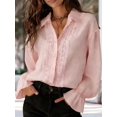 thumbnail image 4 of Women Elegant Solid Lace Collared Long Sleeve Button Shirts Business Work Tops Casual Loose Blouse Pink L, 4 of 6