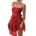 thumbnail image 3 of Women'S Summer Cocktail Dress - Tube Ruched Ruffle Mini Dress Red S, 3 of 9