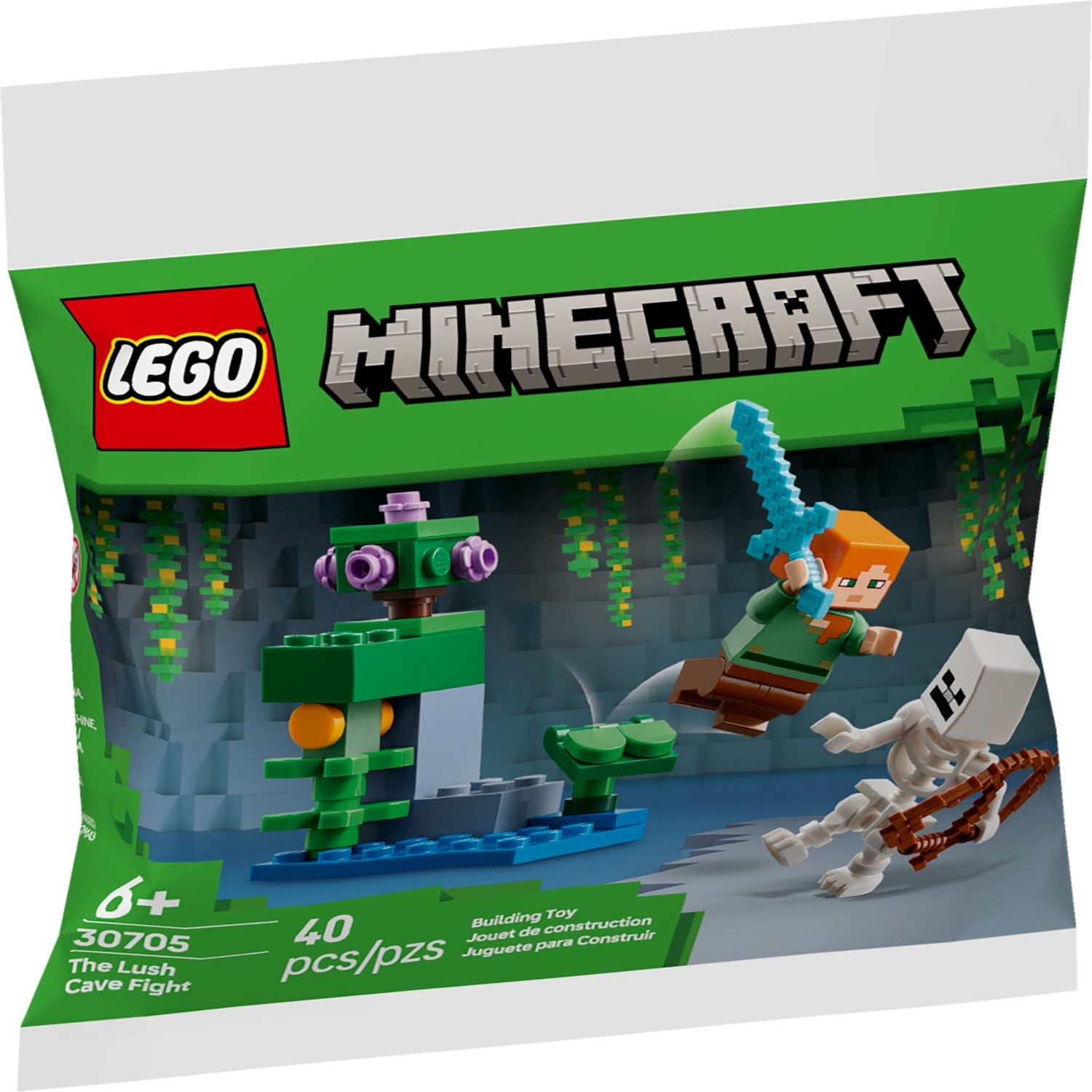 LEGO Minecraft The Lush Cave Fight - Includes Alex and Skeleton Minifigures - Travel Toy for Kids - 30705