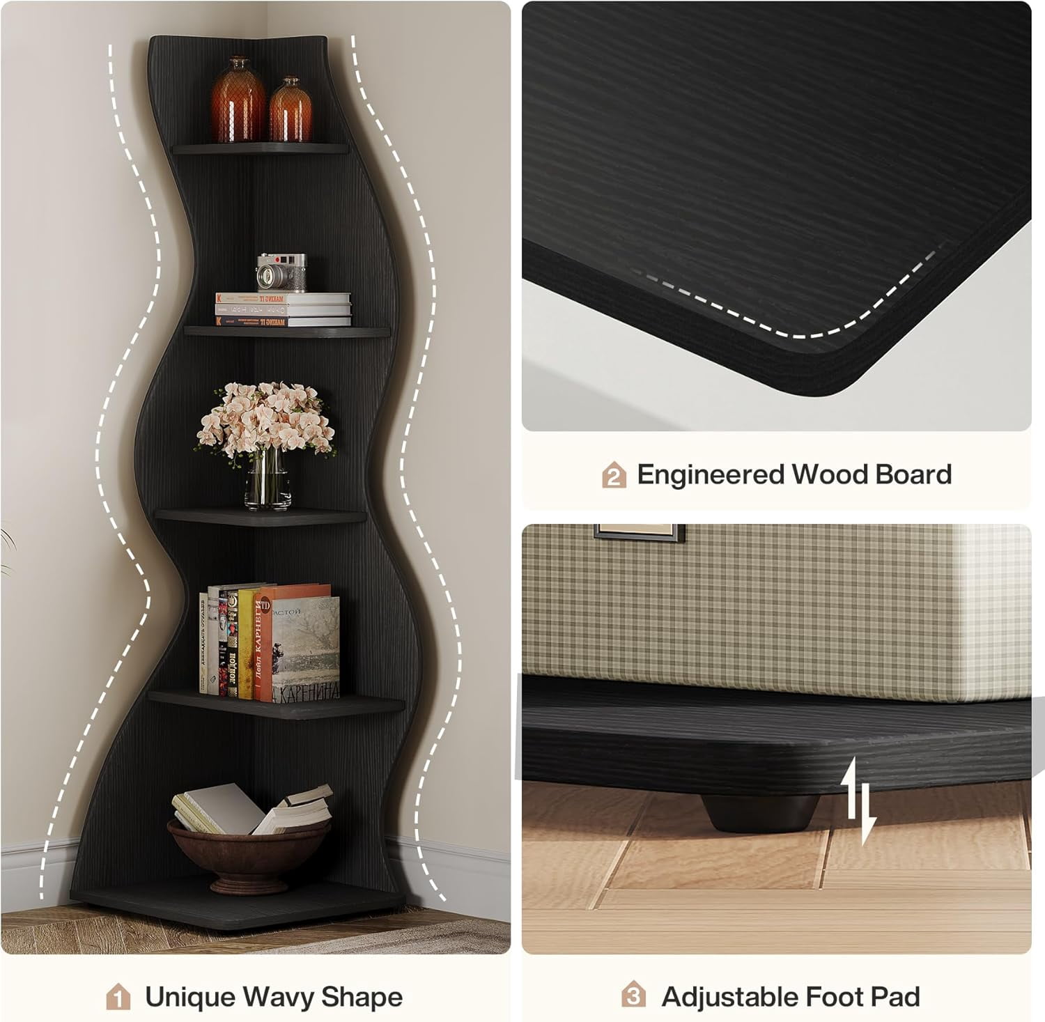 Tribesigns Small Corner Shelf, 5-Tier Modern Corner Bookcase for Small Space, Living Room (Black)