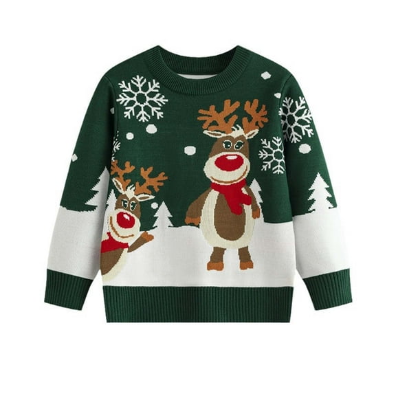 Jkety Kids Christmas Sweater Kids Boys Christmas Sweater Reindeer Snowflakes Classic Holiday Knitted Sweater Crewneck Cute Ugly Pullover Jumper Dark Green,2-3 Years
