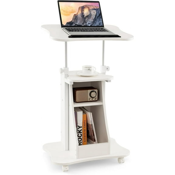 SAZYY Mobile Lectern Podium, Height Adjustable Podium Stand, Standing Desk Sit-to-Stand Desk, Rolling Desk Cart Stand Laptop Desk Cart with Swivel Top Movable Wheels & Storage,White-1 Pack