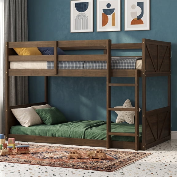 Sailvan Twin over Twin Floor Bunk Bed with Panelled Headboard, Solid Rubber Wood Foundation