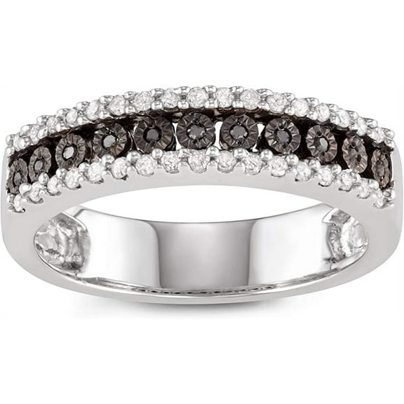 MyDiamondBox 1/4 Carat Total Weight (cttw) Sterling Silver, White and Black Diamond Illusion Plate Band - Bridal ring for Women (Size: 6)