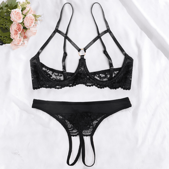 Sexy Underwire Floral Lace Sheer Lingerie Set for Women See Through Bra and Panty 2 Piece
